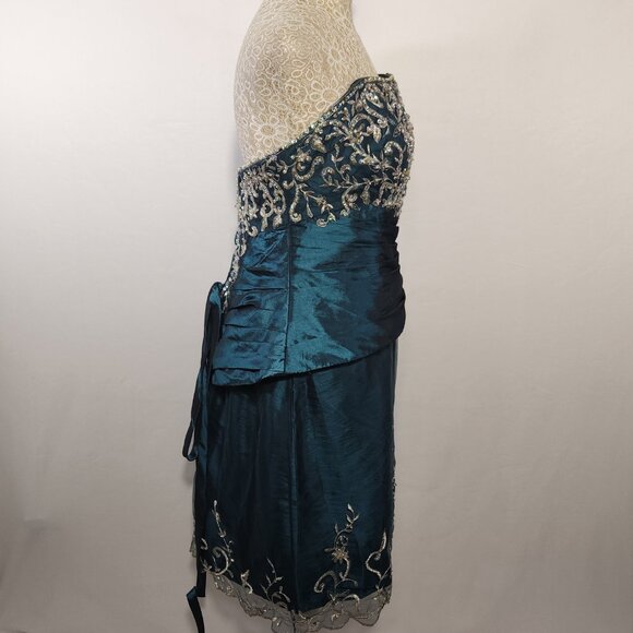 Allure Women's Size 14 Teal Strapless A-Line Appliques Taffeta Prom Dress Formal - Picture 8 of 14